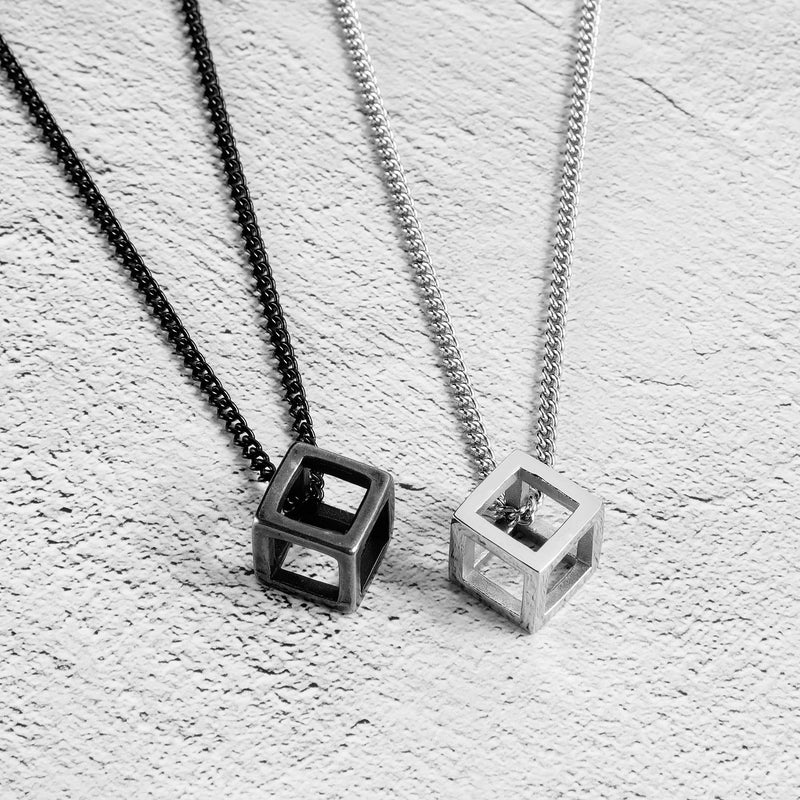 INRENG Men's Women's Stainless Steel Simple Square Hollow Cube Charm Pendant Minimalist Couple Necklace Small, Silver+Black 2pcs - Image 2